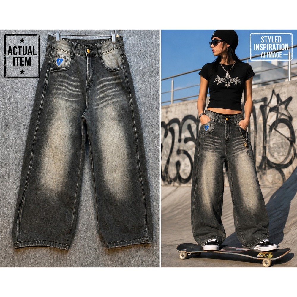 Aelfric Eden Wide Leg Jeans Unisex Baggy Acid Wash Black 28 Excellent Streetwear
